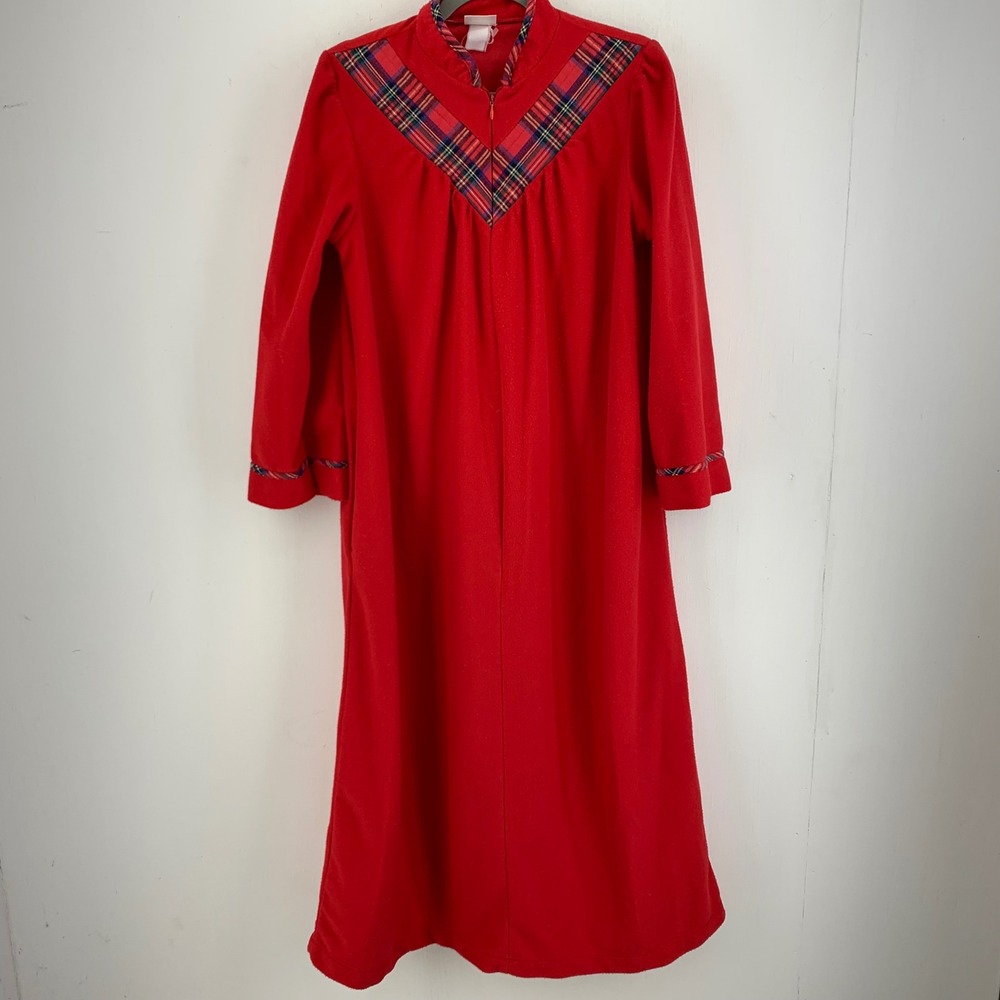 Intimate Moods Vintage Red Fleece Plaid Trim Zipper Front Maxi Robe Nightgown